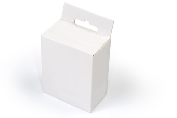 Closed white cardboard hang tab packing box on white surface