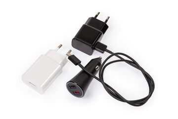 Car USB charger, AC Europlug chargers for portable accessories, cable