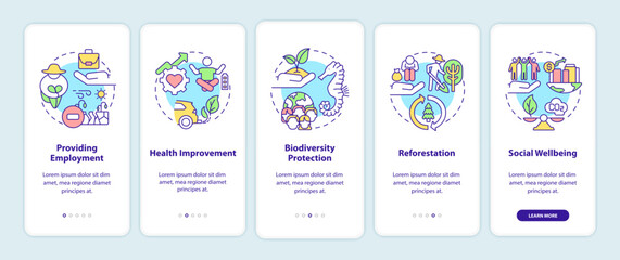 Carbon offsetting benefits onboarding mobile app page screen with concepts. Health improvement walkthrough 5 steps graphic instructions. UI, UX, GUI vector template with linear color illustrations