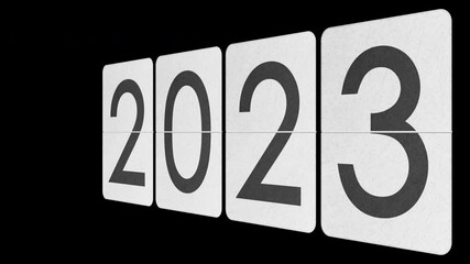 Vintage white flip clock switches from year 2021 to 2022 to 2023 with ALPHA MATTE. Textured tiles. - Powered by Adobe