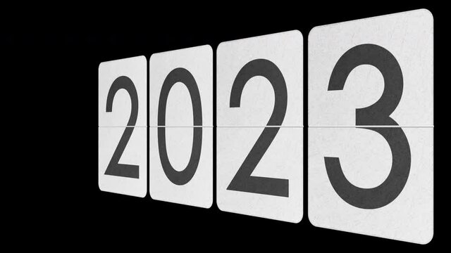 Vintage white flip clock switches from year 2021 to 2022 to 2023 with ALPHA MATTE. Textured tiles.