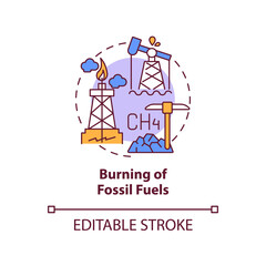Fossil fuels burning concept icon. Human carbon emissions cause abstract idea thin line illustration. Combusting oil, natural gas and coal. Vector isolated outline color drawing. Editable stroke