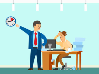 Male character working at computer and doing paperwork to finish task. Boss urges employee to complete assignment defore deadline. Angry director with subordinate work to deal with deadline