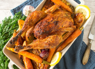 Whole roast chicken with grilled vegetables