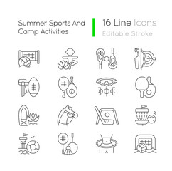 Summer sports and camp activities linear icons set. Beach volleyball. Kids yoga. Flag football. Customizable thin line contour symbols. Isolated vector outline illustrations. Editable stroke