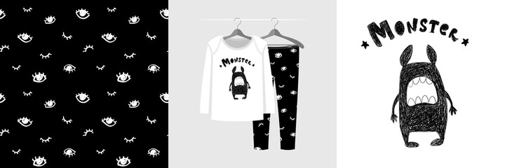 Seamless pattern and illustration for kid with funny toothy monster © stocklene