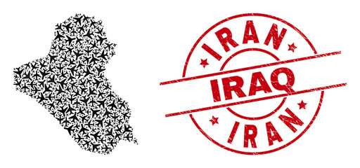 Iran Iraq distress seal stamp, and Iraq map collage of air force items. Collage Iraq map created using aeroplanes. Red seal with Iran Iraq word, and scratched rubber texture.