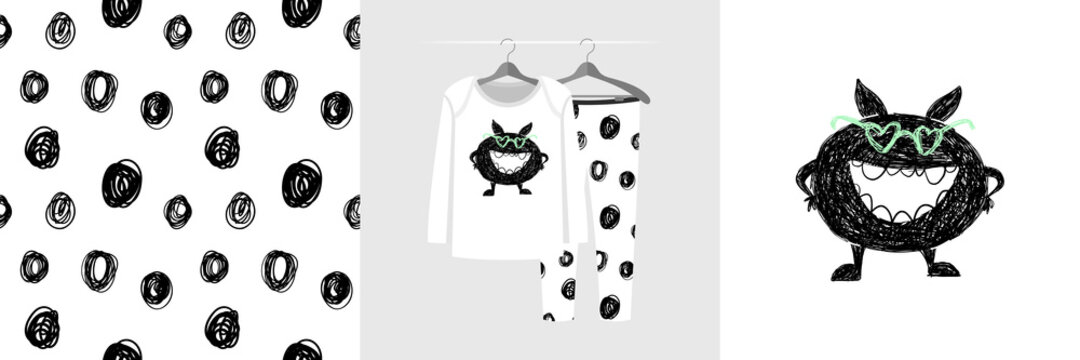 Seamless pattern and illustration for kid with funny toothy monster