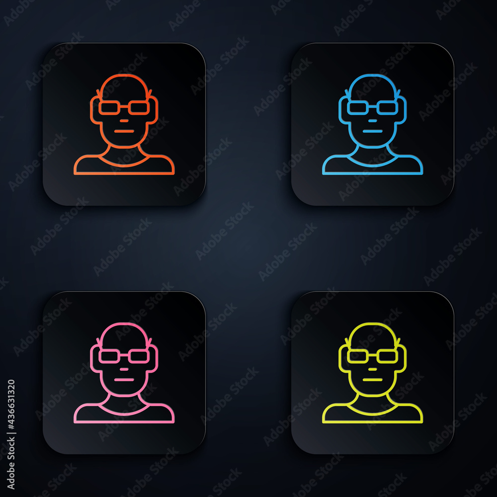 Sticker Color neon line Poor eyesight and corrected vision with optical glasses icon isolated on black background. Set icons in square buttons. Vector