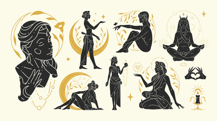 Magic woman vector illustrations of graceful feminine women and esoteric symbols set