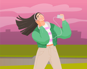 Young teen girl listening to her favorite music through mobile app. Application for listening to songs online. Female character in headphones connected to phone isolated on city background