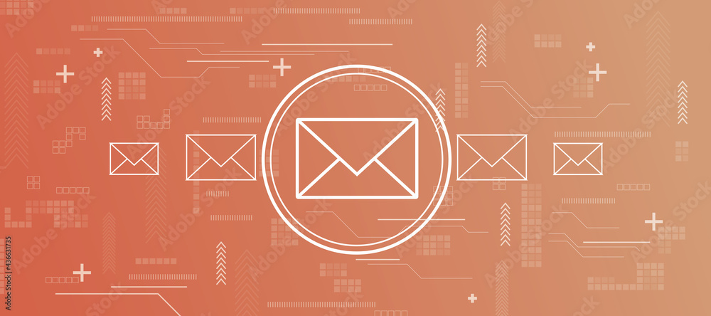 Poster mailing concept with white envelope in circle on orange wallpaper with arrows and squares