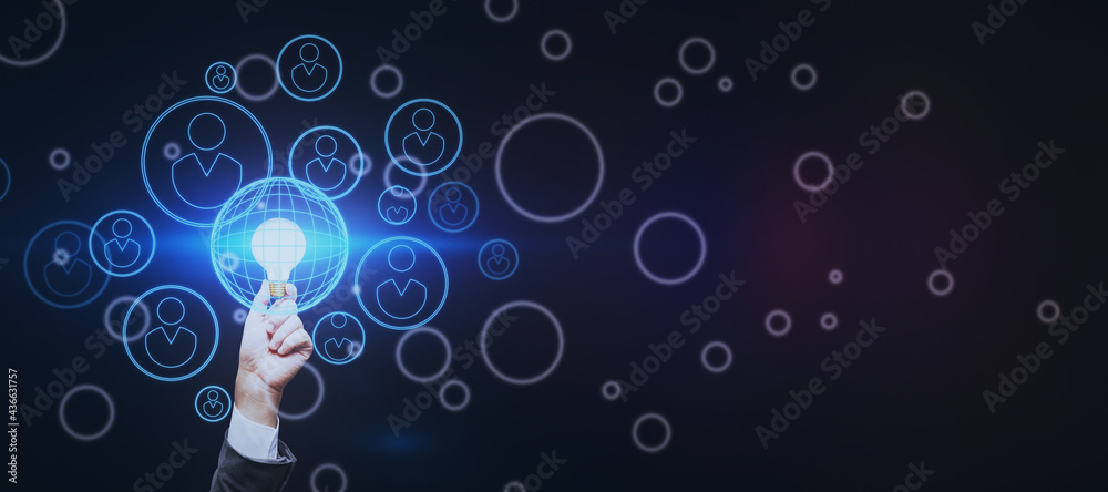 Poster business and start up concept with bright light bulb in man hand surrounded by digital human figures