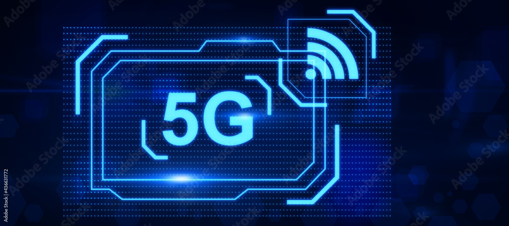 Poster Data and connect concept with abstract glowing 5G hologram on dark background. 3D Rendering.