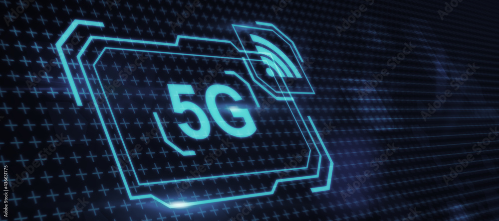 Poster Data and information concept with abstract glowing 5G hologram on dark background. 3D Rendering.