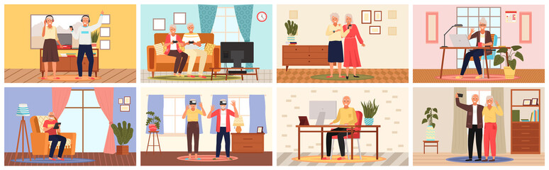 Old people play video game. Modern senior people gadgets. Oldster education computer. Old progressive use modern technology. Learning to use PC. Elderly couple gadgets. Leasing music on smartphone