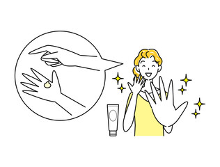 スキンケア アルコール消毒による手の肌荒れが治り喜んでいる可愛い女性 イラスト シンプル ベクター