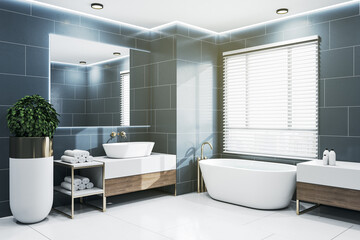 Plakat Side view of creative bathroom interior with city view and daylight. 3D Rendering.