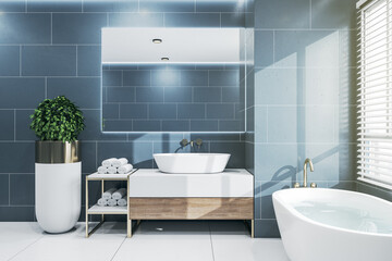 Naklejka na ściany i meble Creative contemporary bathroom interior with city view and daylight. 3D Rendering.