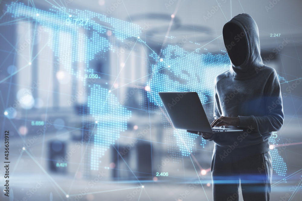 Poster Hacker in blurry office interior using laptop with digital map. Hacking, data and technology concept. Double exposure.