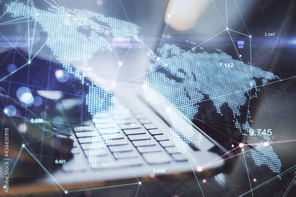 Poster global business and technology concept. side view and close up of hands at desktop using laptop with
