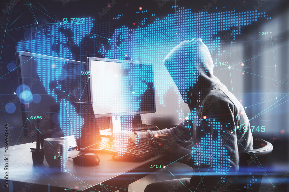 Poster Hacker at desktop using laptop with digital map in blurry office interior. Hacking, malware and technology concept. Double exposure.