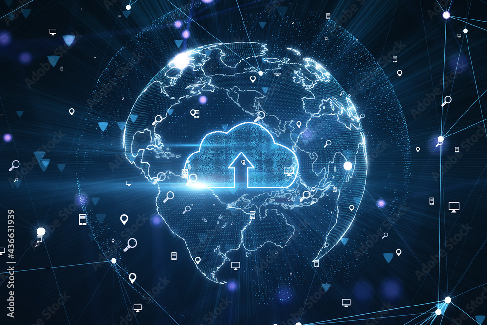 Poster Cloud computing concept with digital glowing cloud sign with arrow up inside surrounded by the Earth layout on abstract technological background