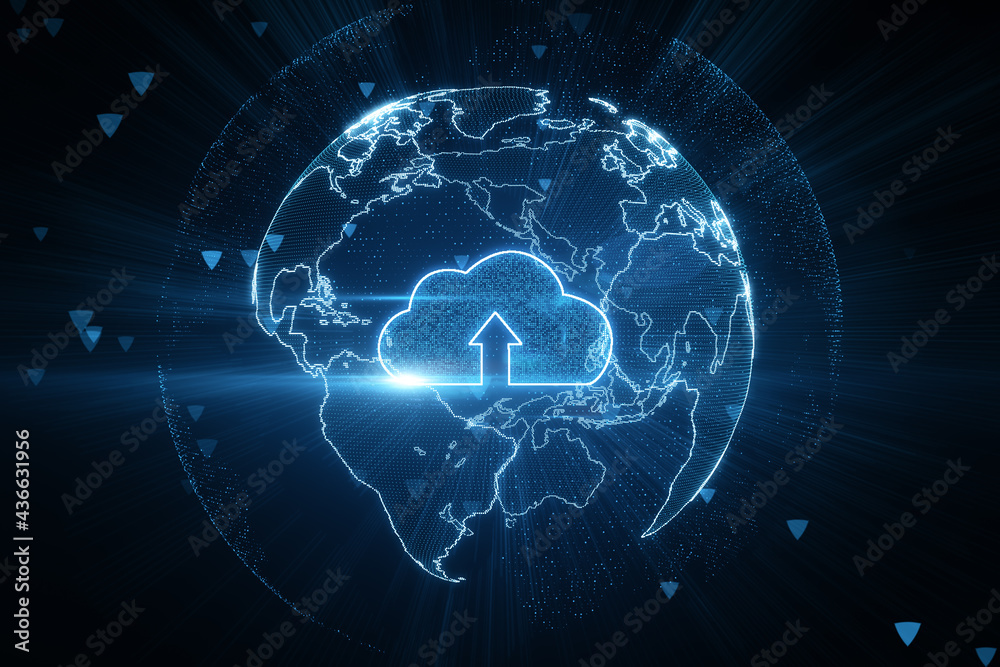 Poster Cloud technology and storage concept with digital cloud icon with arrow inside in round world map layout on dark backdrop