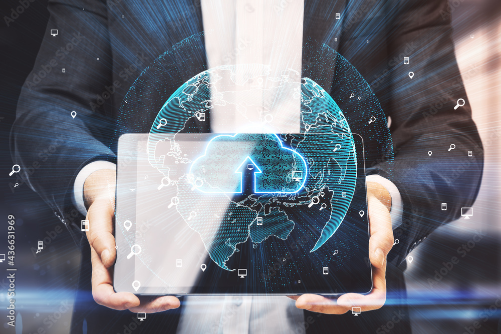 Poster businessman holding laptop with abstract glowing globe interface. cloud computing and security conce