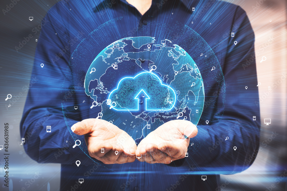 Poster business cloud computing concept with man carries digital model of the earth and cloud symbol inside