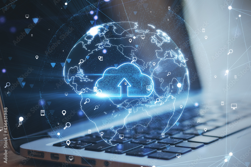 Poster Close up of laptop with abstract glowing globe interface. Cloud computing and security concept. Double exposure.