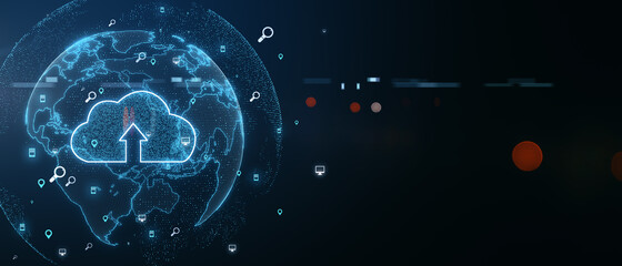 Abstract dark wallpaper with digital glowing cloud symbol in world map, model magnifier icons and copyspace for your logo, cloud technology concept. 3D rendering, mockup