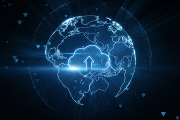 Cloud technology and storage concept with digital cloud icon with arrow inside in round world map layout on dark backdrop