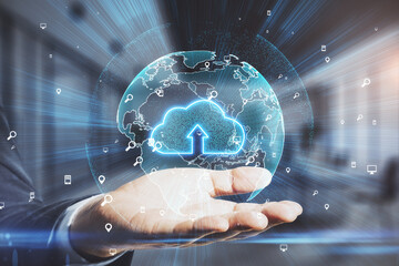 Cloud internet technology concept with man palm under digital cloud icon with arrow inside world map layout