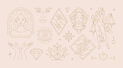 Magic woman boho vector illustrations of graceful feminine women and esoteric symbols set. © provectors