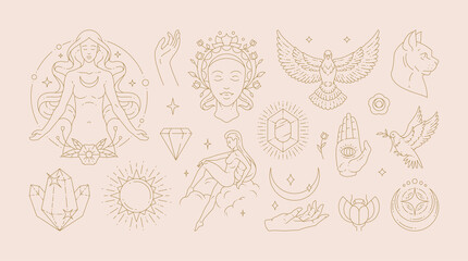 Magic woman boho vector illustrations of graceful feminine women and esoteric symbols set.