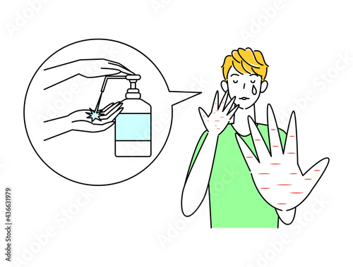 スキンケア アルコール消毒で手が肌荒れになり悲しんでいる可愛い男性 イラスト シンプル ベクター Skin Care A Cute Guy Who Is Sad Because His Hands Got Rough Skin From Alcohol Disinfection Simple Illustration Vector Adult Wall Mural Adu みやもとかずみ