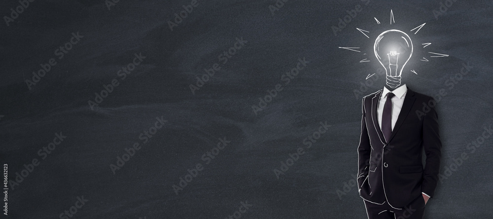 Poster business and creative idea concept with man in black suit with light bulb handwritten sketch instead