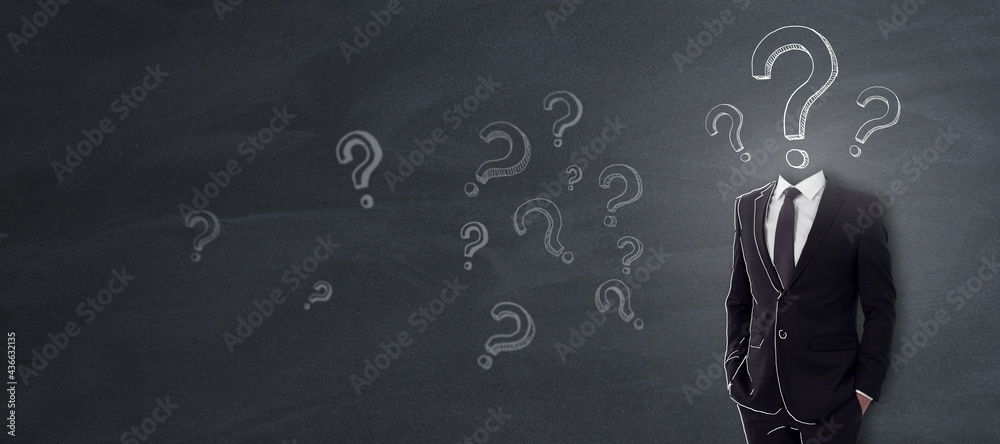 Poster Question and solution concept with businessman with question mark instead of head on college chalkboard with copyspace background. Mock up