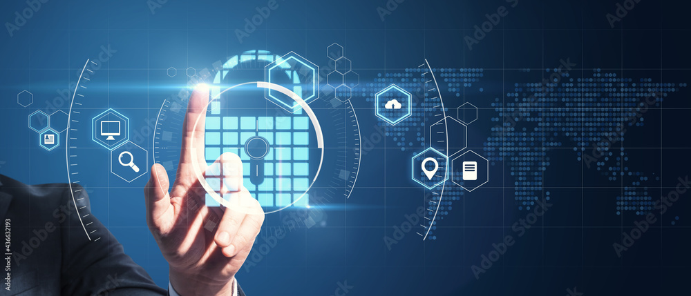 Poster Cyber security concept with man finger on digital touch screen with lock icon surrounded by technological symbols and pixel world map.