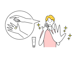 スキンケア アルコール消毒による手の肌荒れが治り喜んでいる可愛い男性 イラスト シンプル ベクター