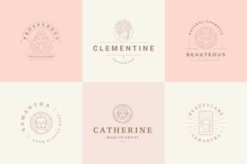 Feminine logos emblems design templates set with magic female portraits vector illustrations minimal linear style - obrazy, fototapety, plakaty