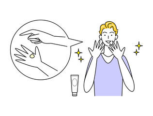 スキンケア アルコール消毒による手の肌荒れが治り喜んでいる可愛い男性 イラスト シンプル ベクター