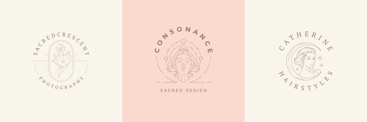 Feminine logos emblems design templates set with magic female vector illustrations minimal linear style