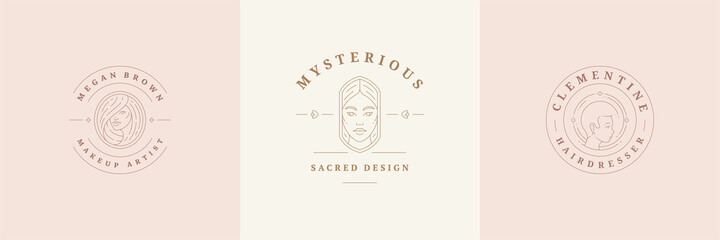 Feminine logos emblems design templates set with magic woman portraits vector illustrations minimal line art style.