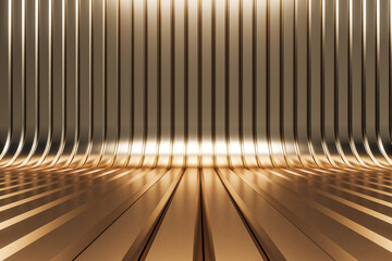Abstract shiny golden interior with lines. 3D Rendering.