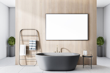 Fototapeta na wymiar Modern bright bathroom interior with empty poster on wooden wall. Mock up, 3D Rendering.