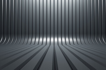 Abstract shiny grey interior with lines. 3D Rendering.