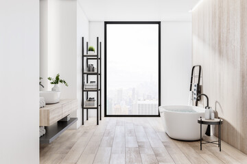 Eco style bathroom with great city skyscrapers view from huge window in black frame, white modern bath, black stand and wooden wall and floor