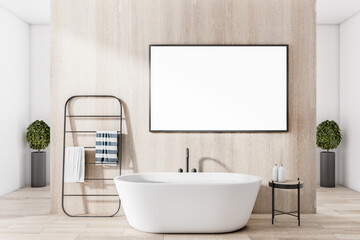 Naklejka na ściany i meble Bright contemporary bathroom interior with empty poster on wooden wall. Mock up, 3D Rendering.